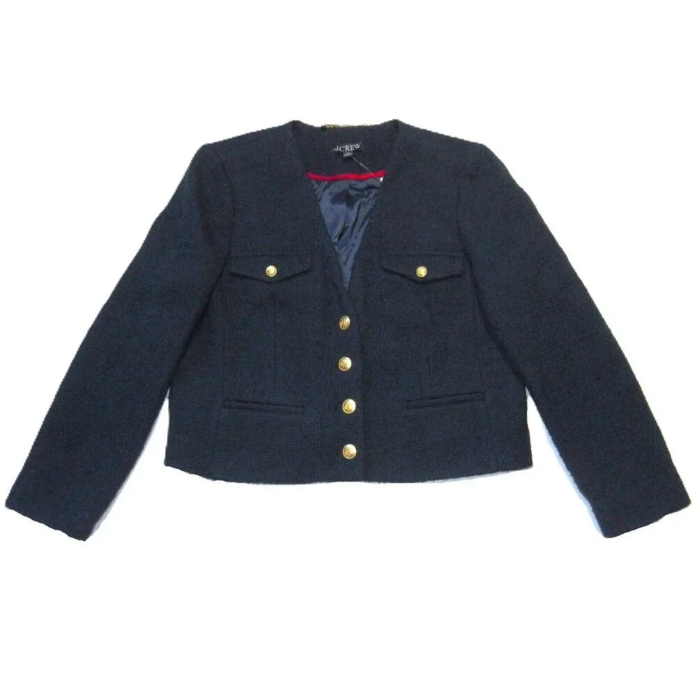 NWT J.Crew V-neck Lady Jacket in Navy Blue Maritime Tweed Crop 14